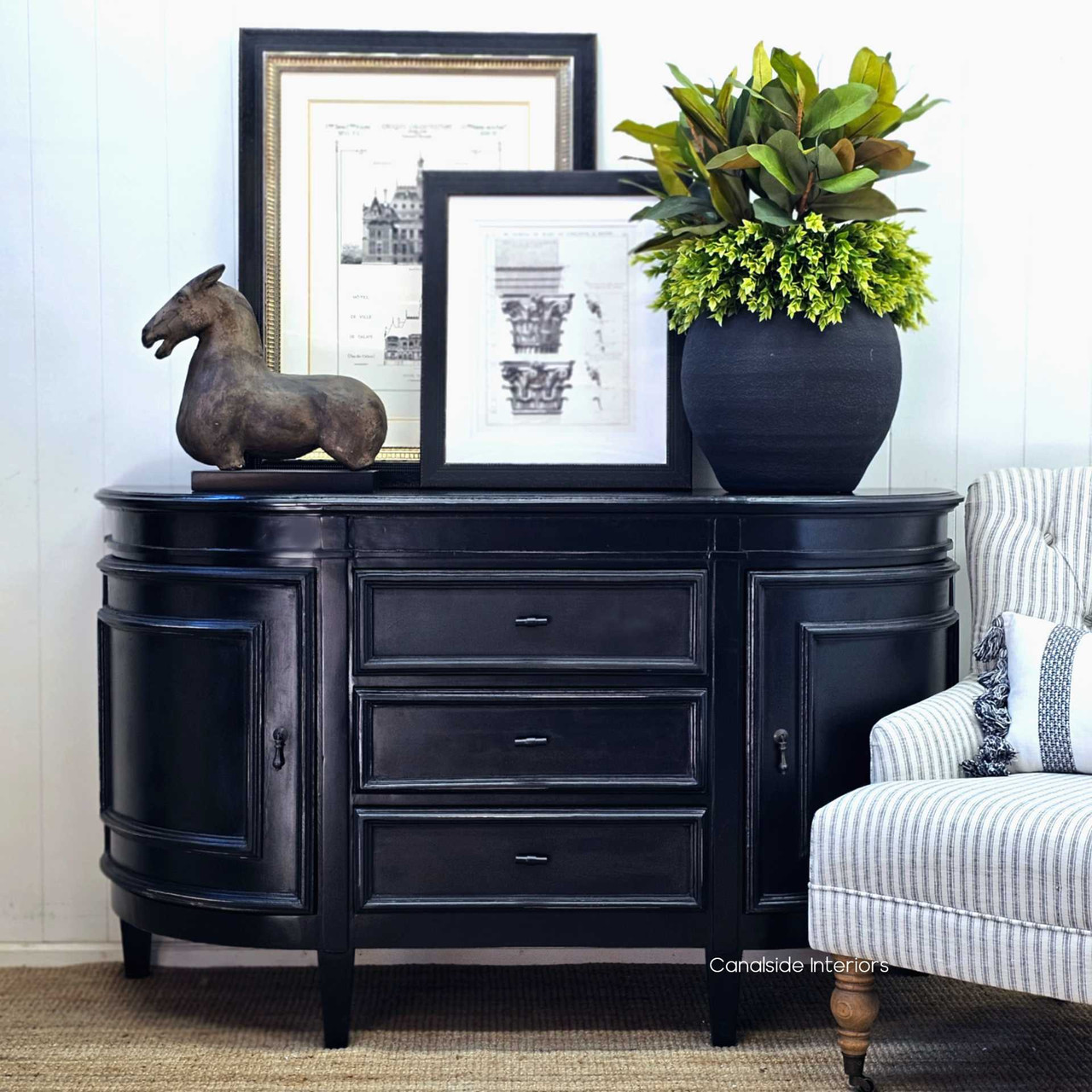 Front view of the Francia Petite Sideboard in charcoal black, displaying a classic silhouette with a modern twist – Canalside Interiors
