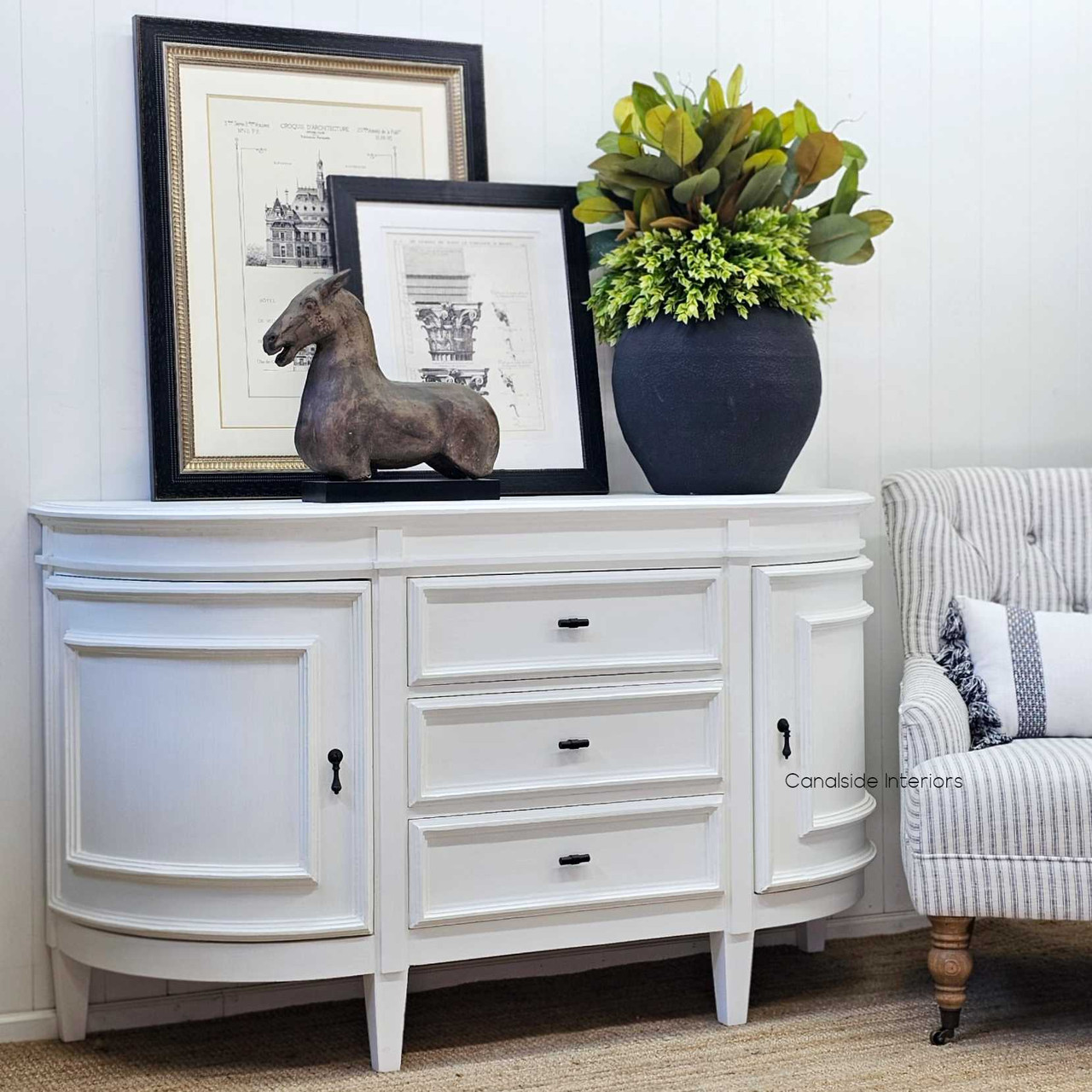 Side view of the Francia Petite Curved Sideboard, reflecting the timeless design and quality storage suitable for any living space