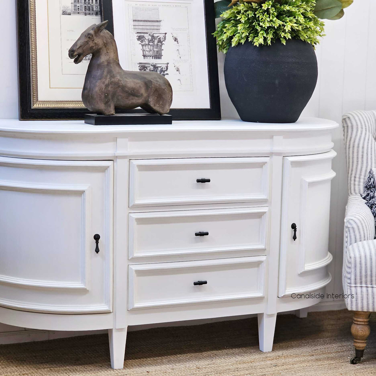 Close-up view of the Francia Petite Sideboard's drawer, highlighting the classical appeal and quality metal runners for a timeless touch