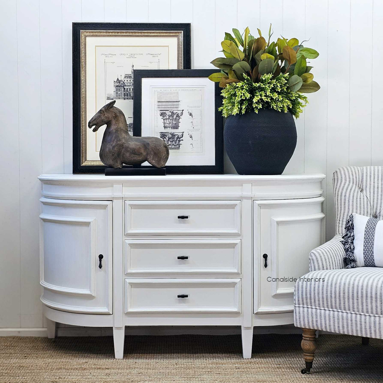 Front angle of the Francia Petite Sideboard, showcasing the blend of Hamptons style and practical storage in Canalside Interiors' craftsmanship