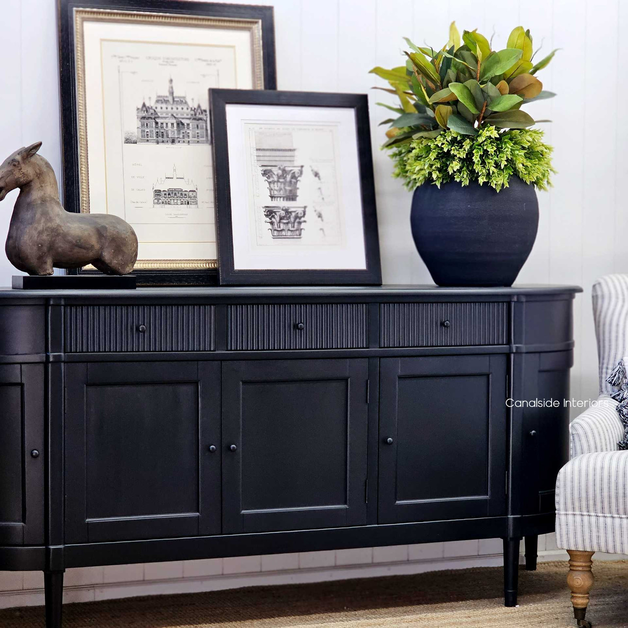 French Louis Buffet Distressed Black FRENCH  FURNITURE, HAMPTONS Style, PLANTATION Style, LIVING TV Media & Storage, TABLES Sideboards & Buffets, STORAGE, STORAGE Sideboards & Buffets, French Louis Buffet Grande Large
