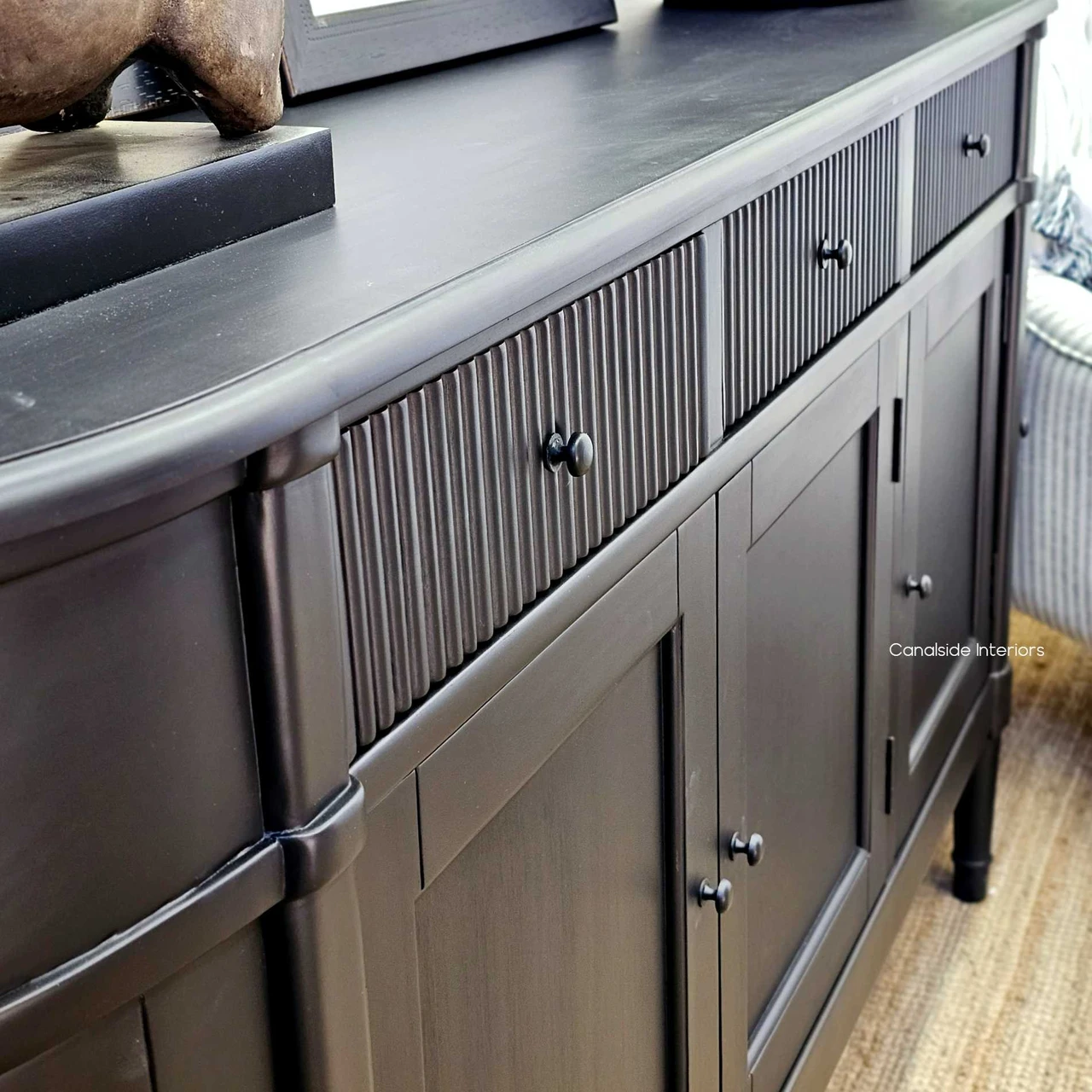 Close-up of the fluted timber drawers on the French Louis Buffet Grande, exemplifying the classical, hand-painted craftsmanship