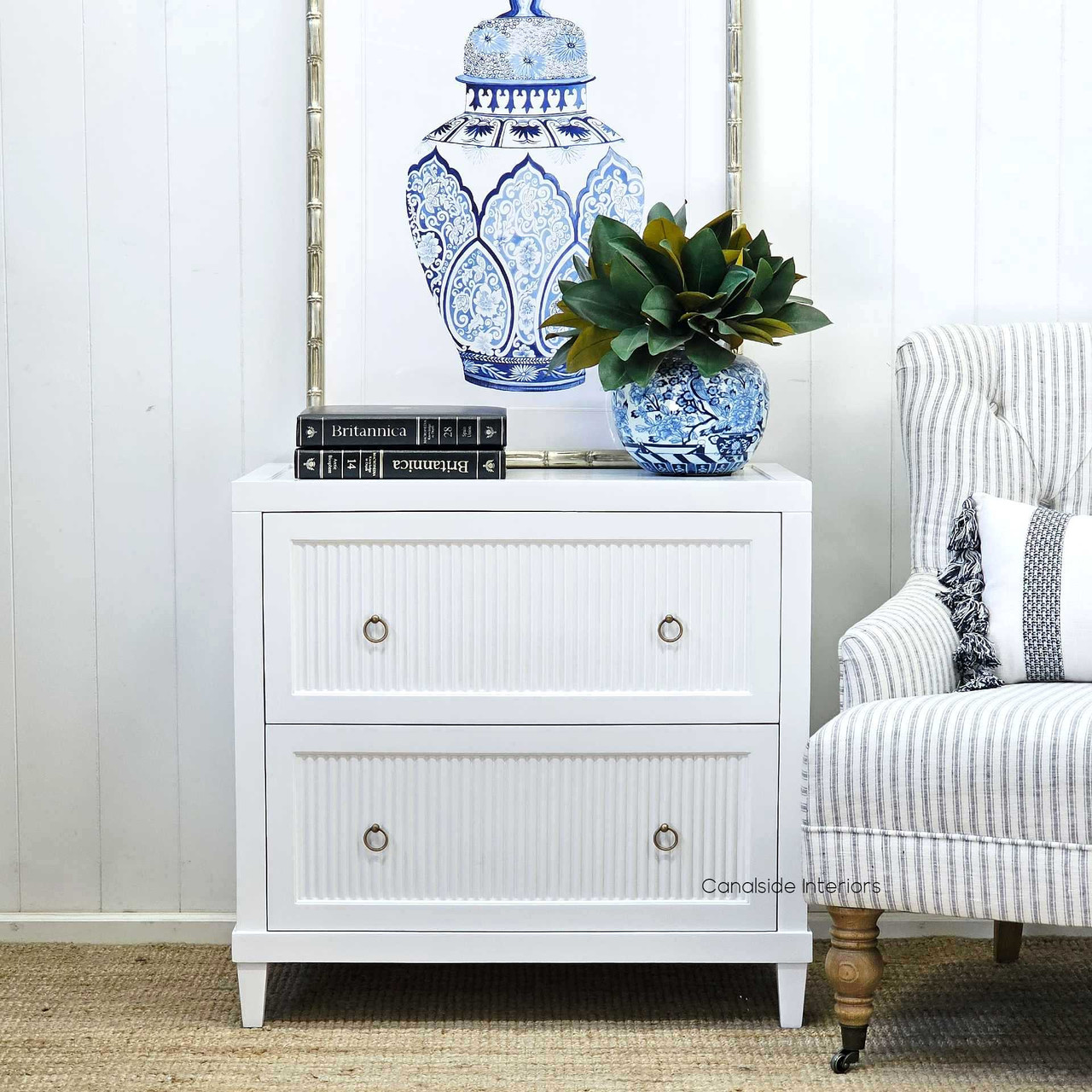 Frontal view of the Sorrento 2 Drawer Bedside, perfectly capturing its distressed white finish and charm | Timeless Beauty