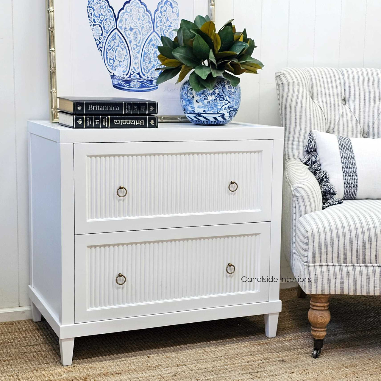 The Sorrento Bedside as a stylish storage solution, bringing character to a modern living room with its fluted timber