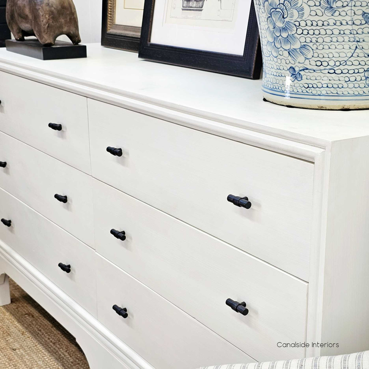 Side view of the Camille Chest, showcasing the soft white finish and subtle modern Hamptons details
