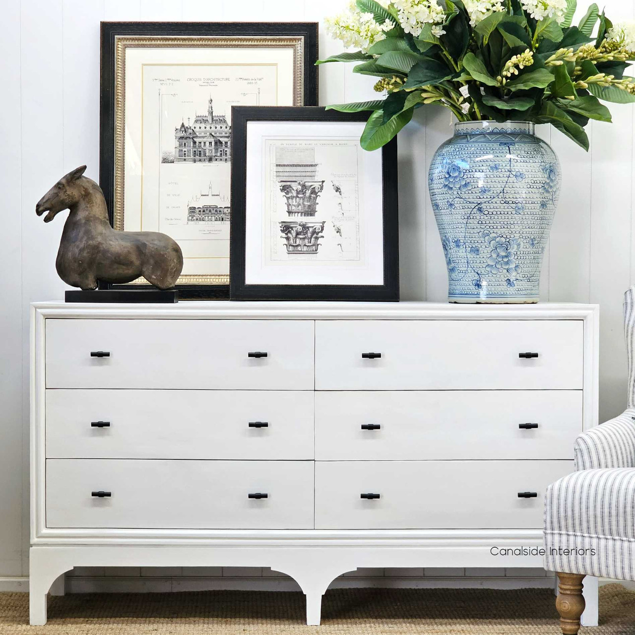 Front view of the Camille 6 Drawer Chest in distressed white, featuring clean lines for a modern Hamptons bedroom