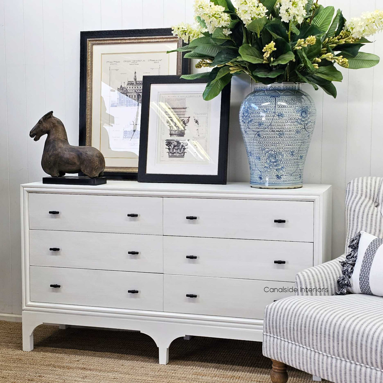 Full view of the Camille 6 Drawer Chest, highlighting its role as a timeless and functional centerpiece in a bedroom