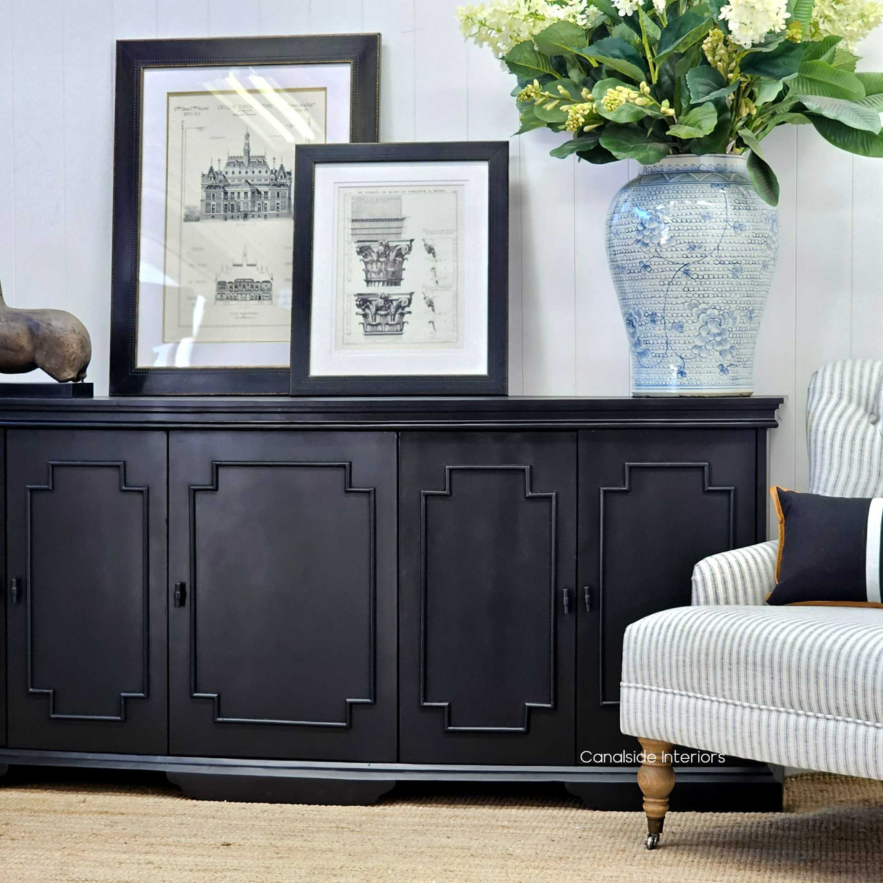 Elevated view of the Leontine Sideboard, focusing on the classical trim that adds character to any modern interior