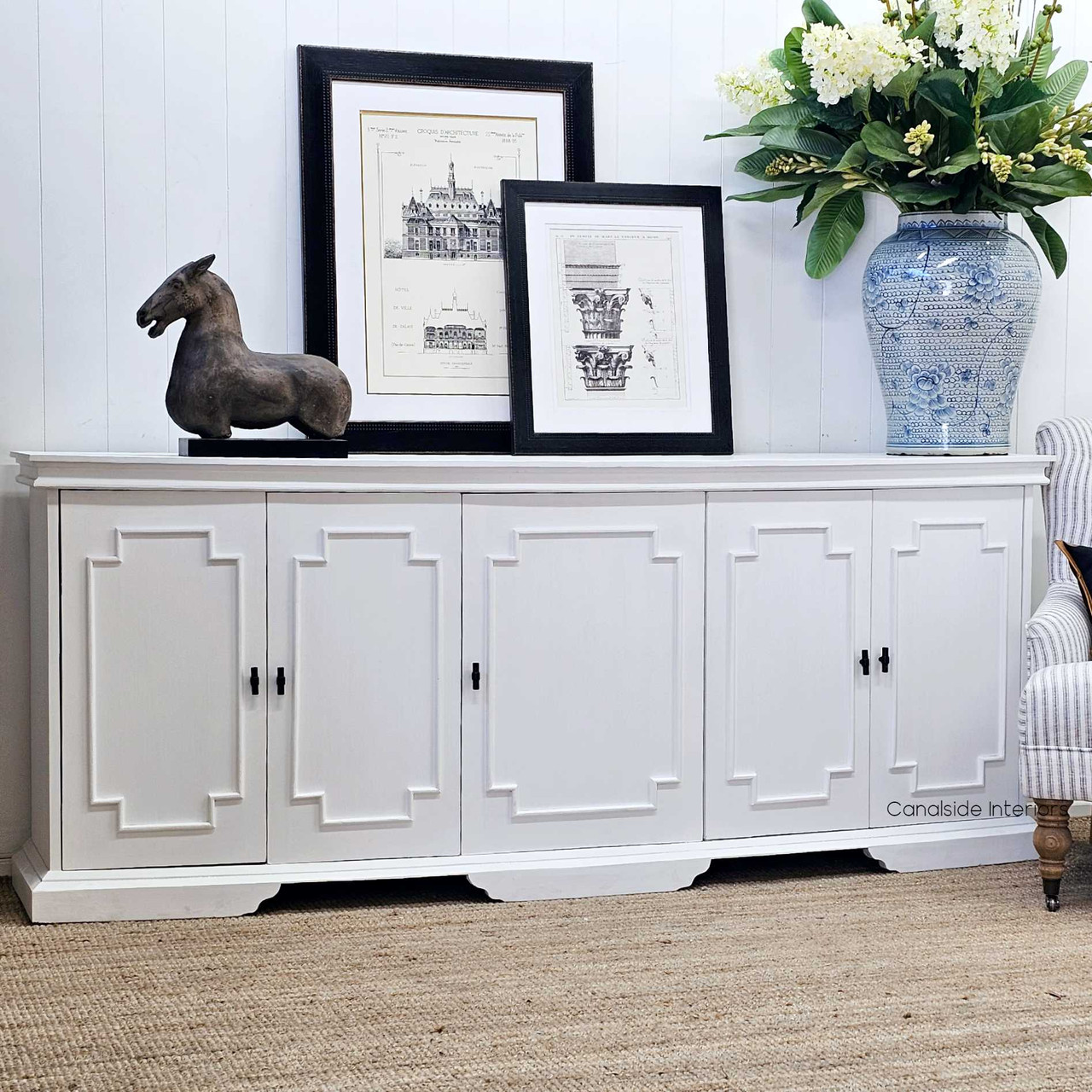 Close-up view of the Leontine Sideboard's surface, ideal for displaying home decor in a Hamptons-inspired living room