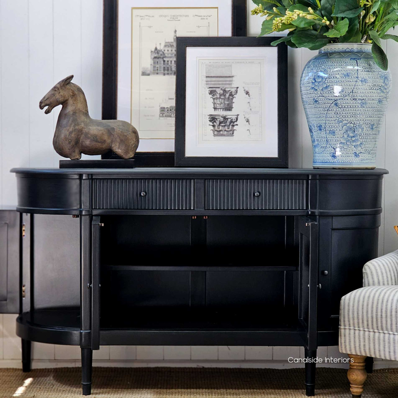 Interior view of the French Louis Buffet's drawers, showcasing the ample storage space and metal runner feature - Canalside Interiors
