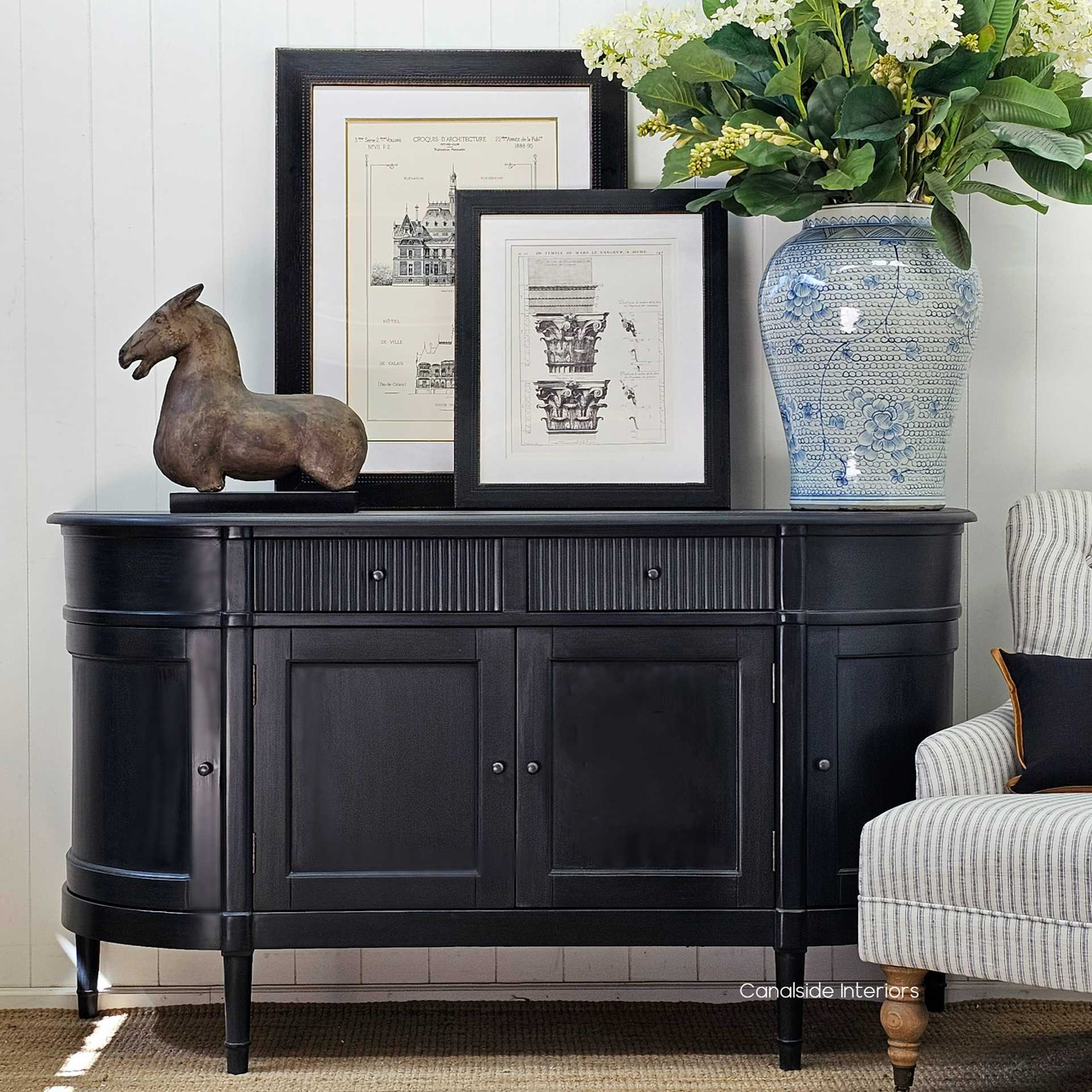 "Front view of the French Louis Buffet Petite in Distressed Black, offering a modern twist to classical living room décor - Canalside Interiors