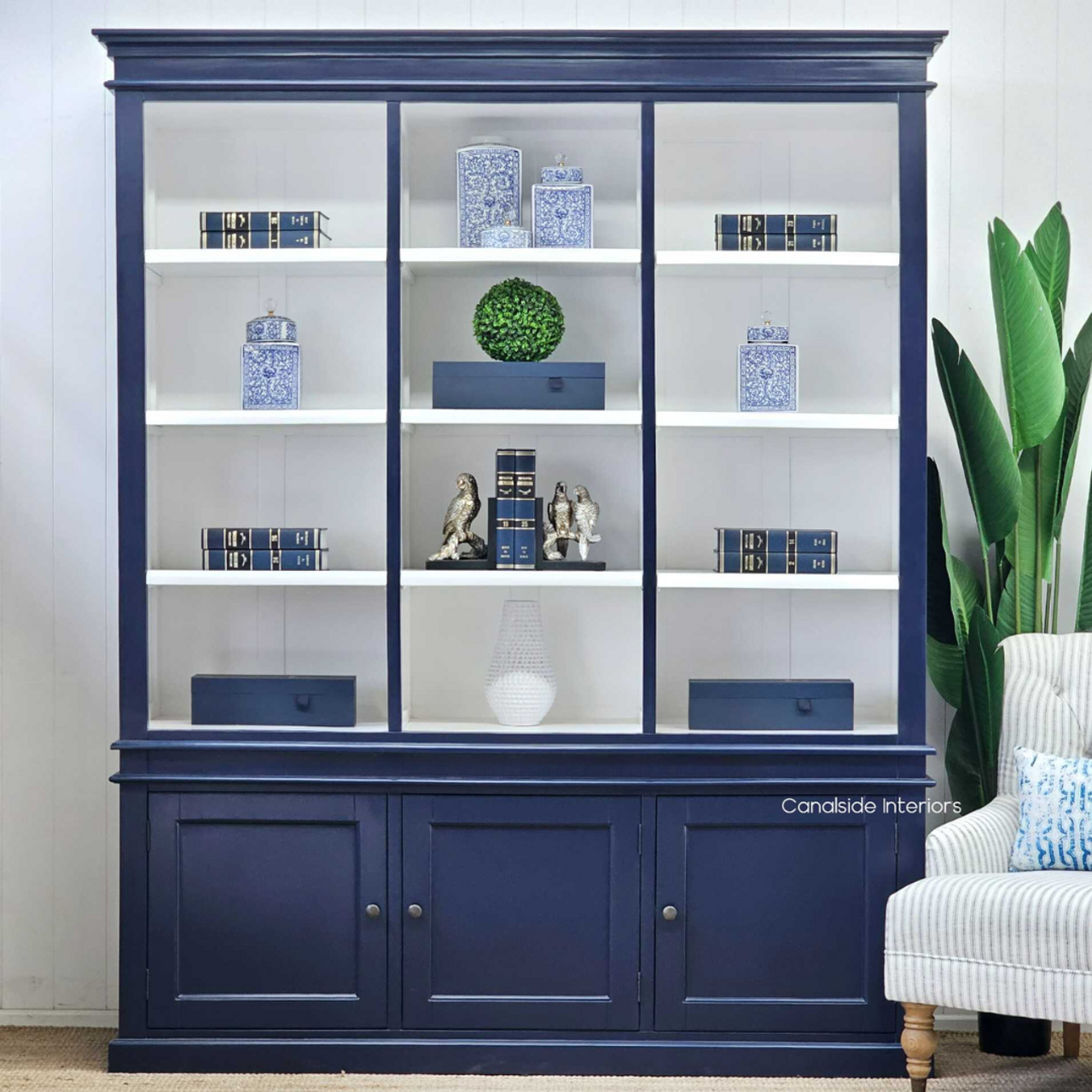 Front view of the Grange 3 Door Wall Unit in navy blue, a Hamptons classic for living room elegance | Canalside Interiors