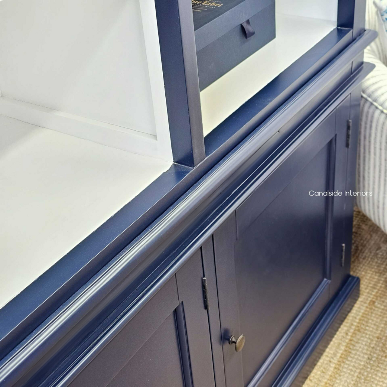 Side shot of the Grange 3 Door Wall Unit, highlighting the contrast of navy and white | Timeless Appeal