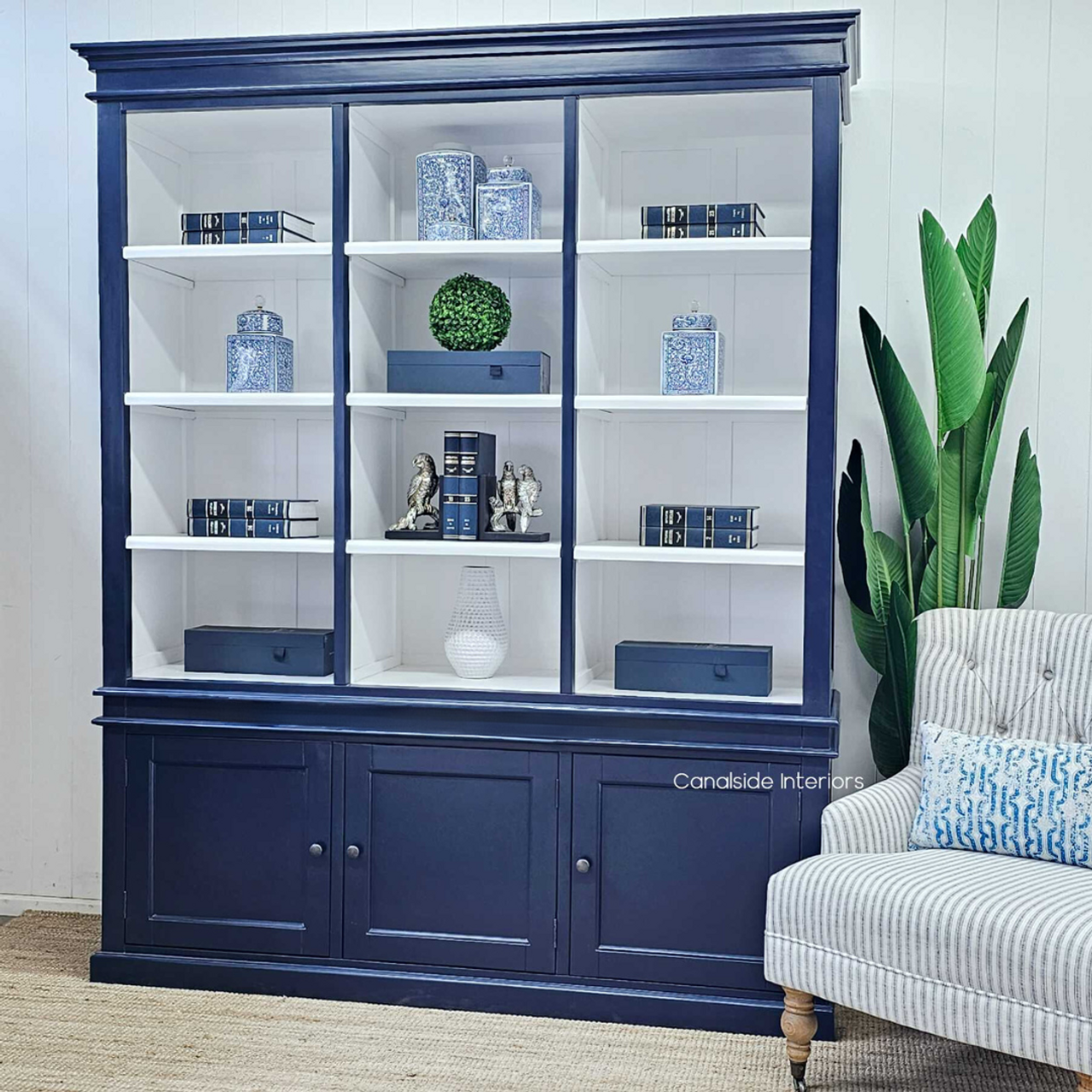 Grange 3 Door Wall Unit, open shelves invitingly styled in a library, perfect for timeless interiors | Spacious and Chic