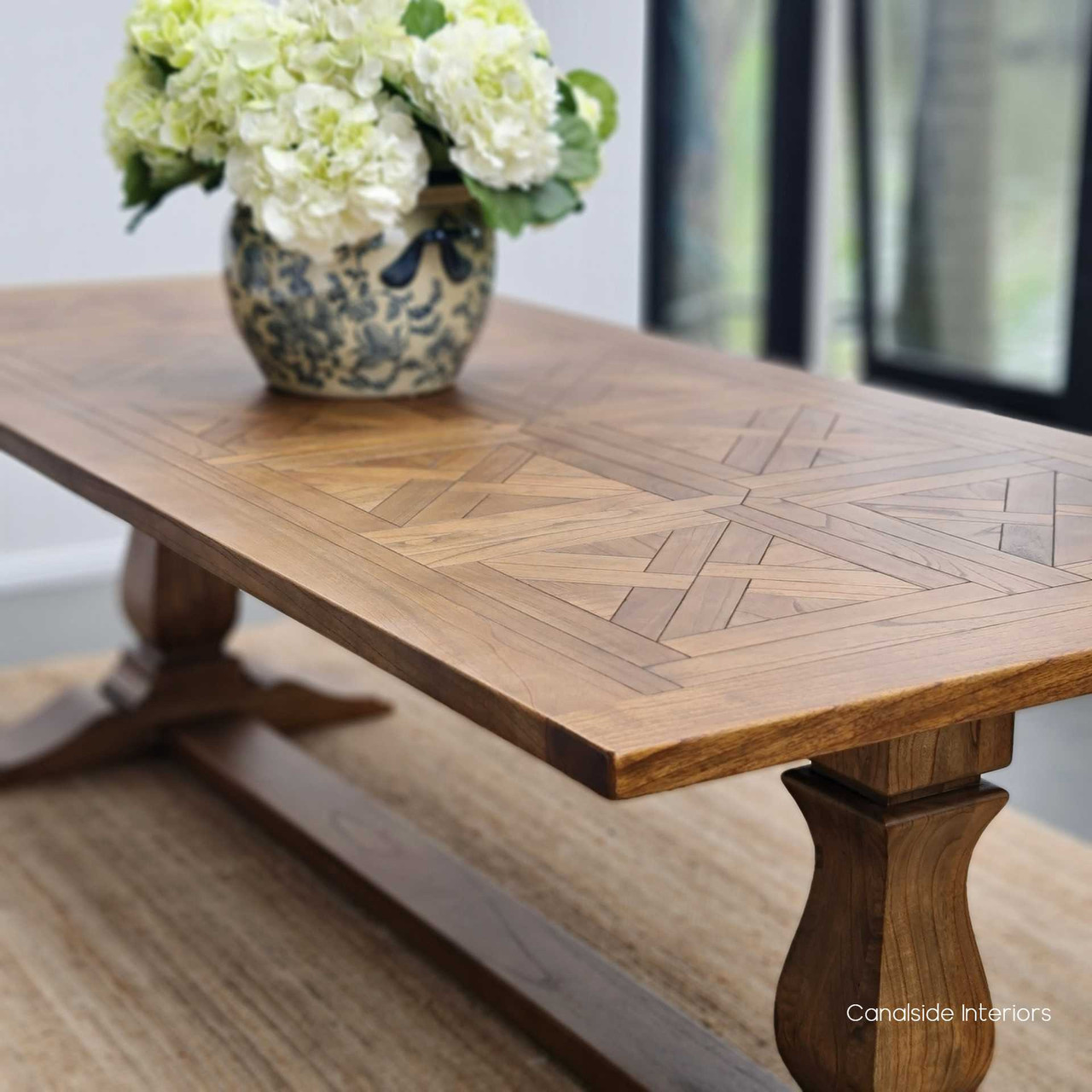 Stamford Parquetry Dining Table, 250cm, 2.5m, fixed dining table, tables, extension tables, kitchen, kitchen table, dining room, diningroom, hamptons, hamptons table, provincial, plantation, dining tables, trestle base, dining room, pedestal table