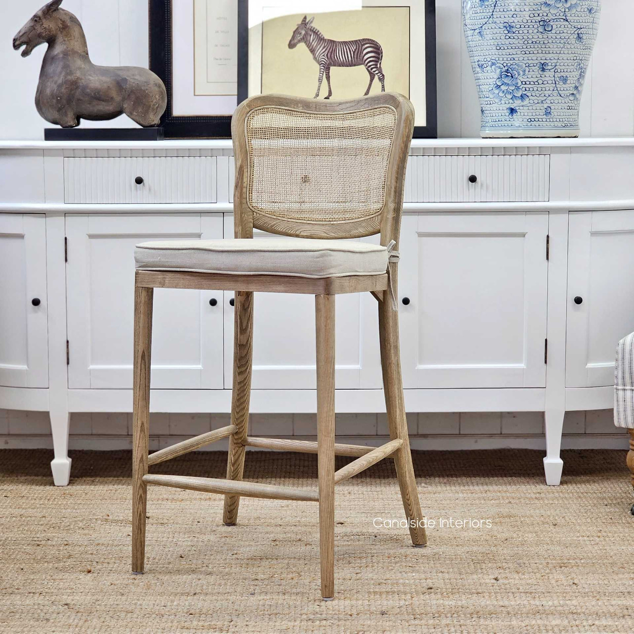 Noda Kitchen Island Bar Stool, Handwoven Rattan Backrest for Added Texture, Perspective View