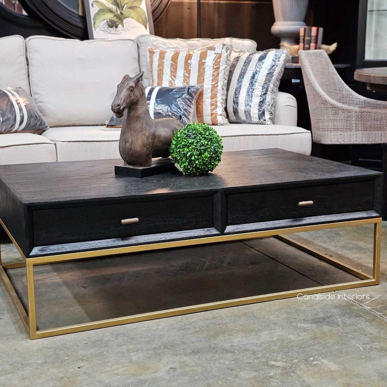 Front angled view of the St Lucia Coffee Table in black with gold gilded base