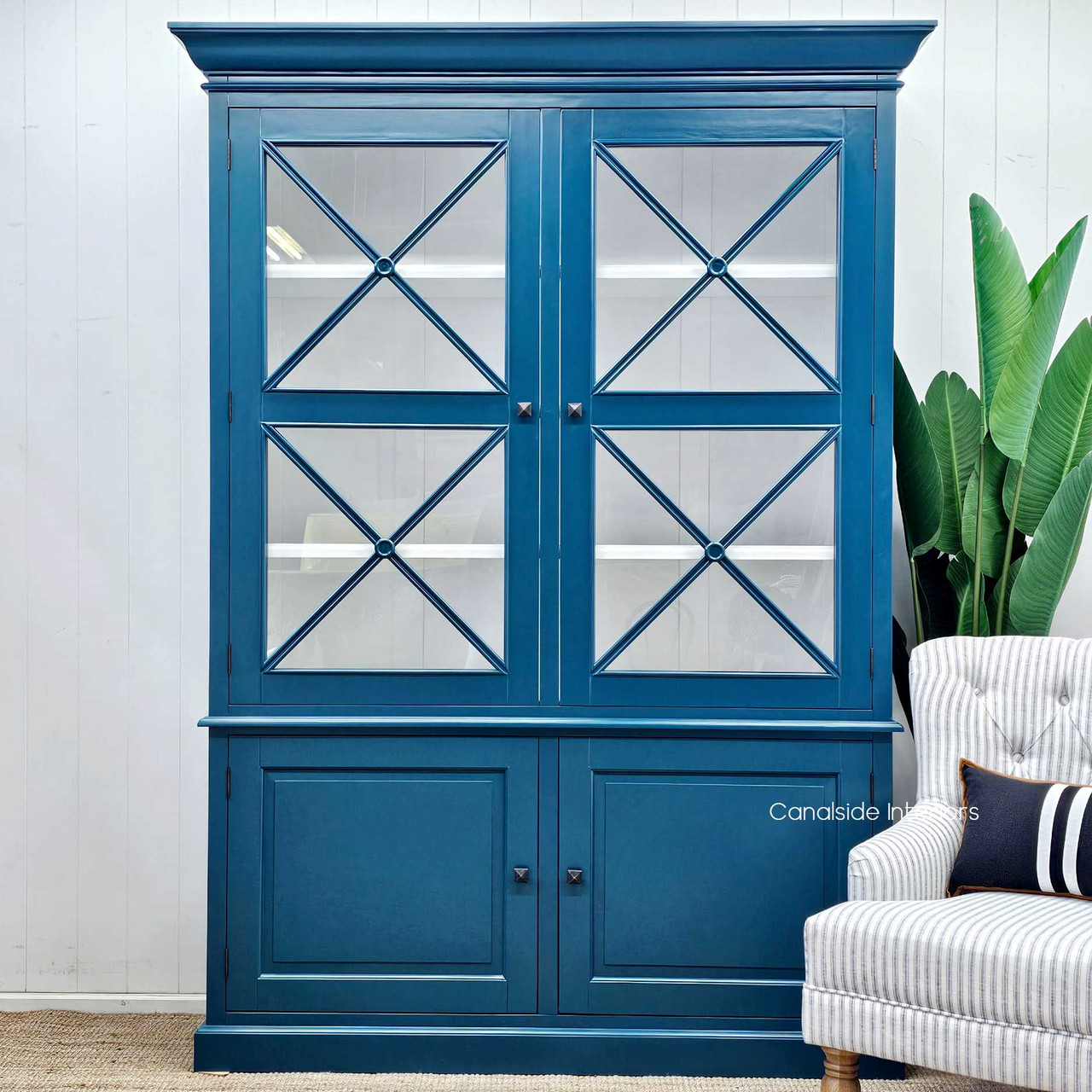 A full frontal view of the South Hamptons Wall Unit showcasing the elegant, modern lines and the vibrant teal green finish that adds a hamptons vibe to the decor.