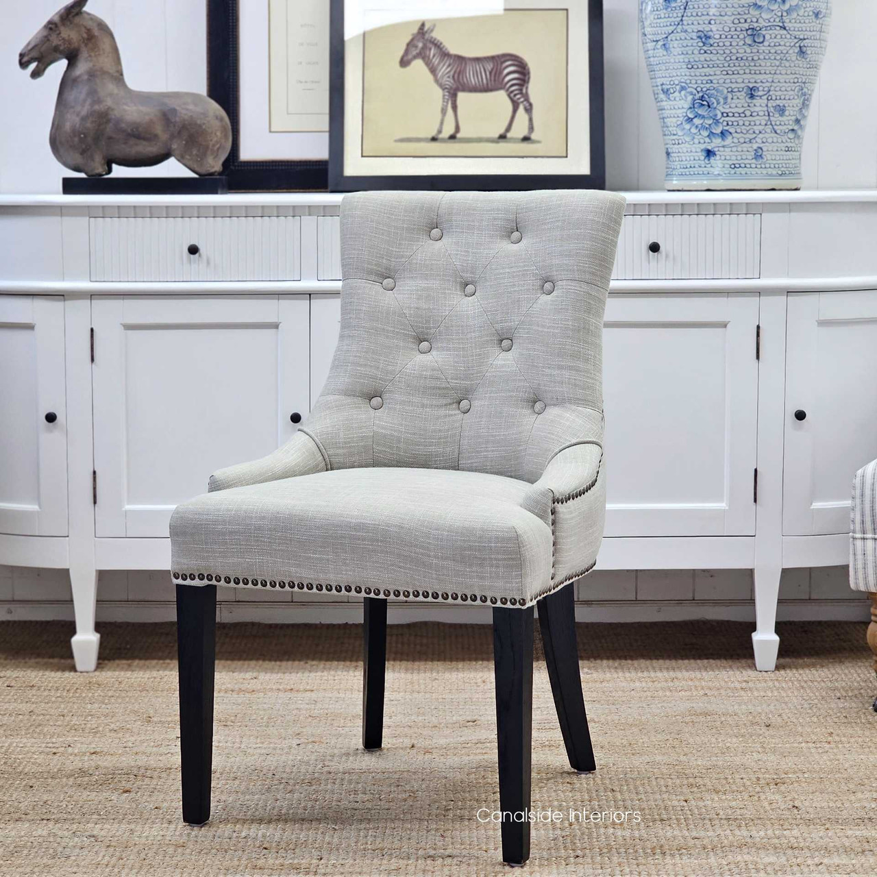 Bennet Cream Linen Chair with Brass Studs, Refined Aesthetic for Formal Dining, Angled View