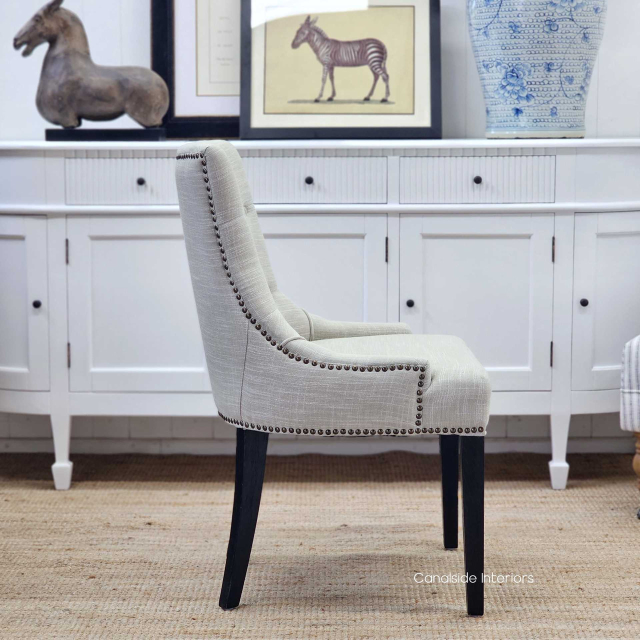 Bennet Upholstered Button Back Chair, Sophisticated Seating with Black Oak Legs, Side Angle
