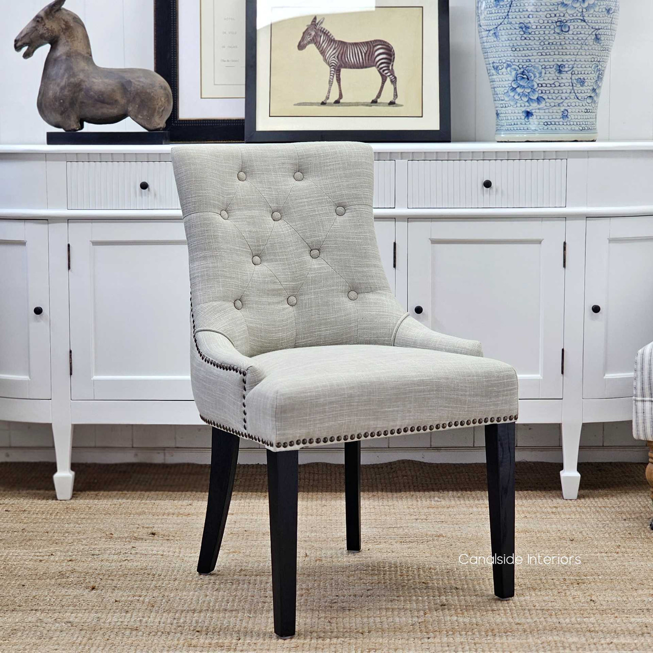 Bennet Cream Linen Chair with Brass Stud Detail, Timeless Appeal for Contemporary Living Spaces, Front Angled Perspective