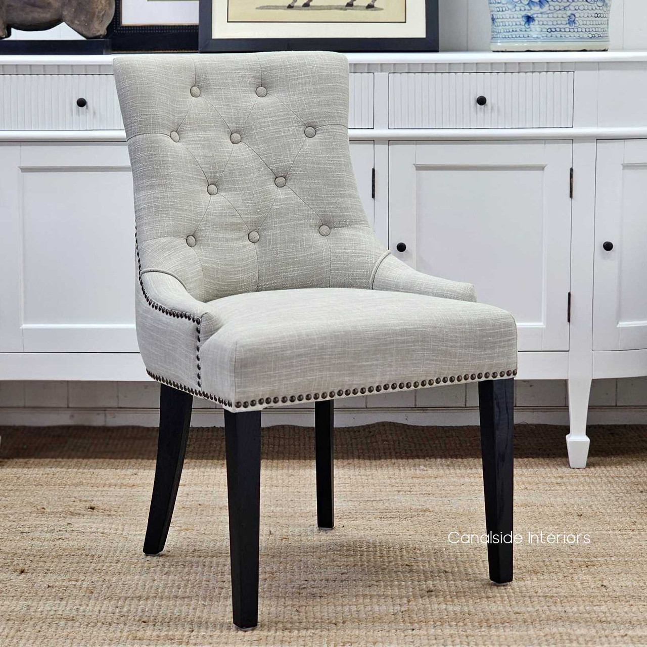 Bennet Button Back Upholstered Dining Chair - Cream/Black Legs - IN STOCK