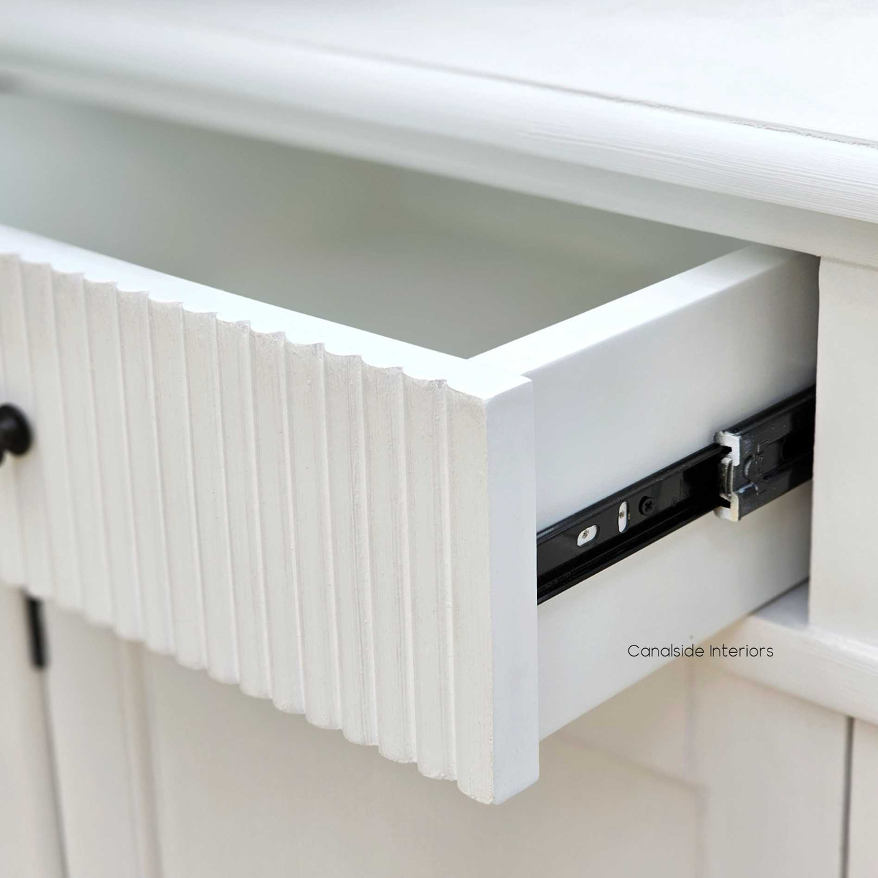 A detailed view of the French Louis Buffet Grande's metal runner drawers, emphasizing ease of use and durability - Canalside Interiors.