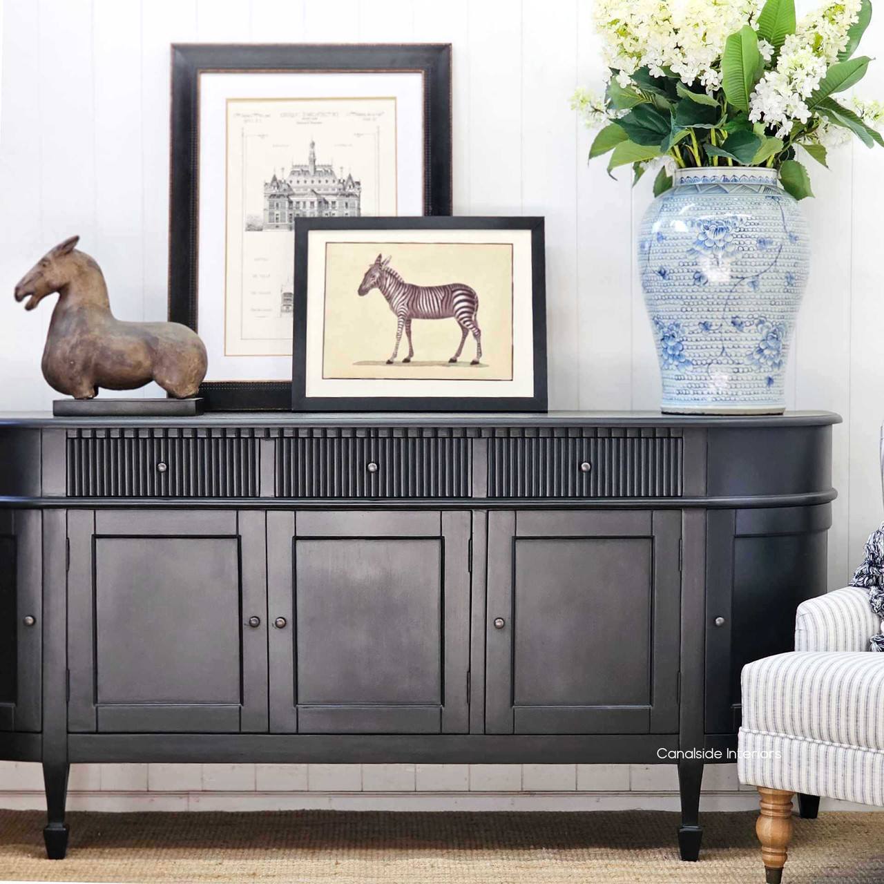 Front close up view of the Louis Sideboard with drawers, displaying the front and right side elegantly.