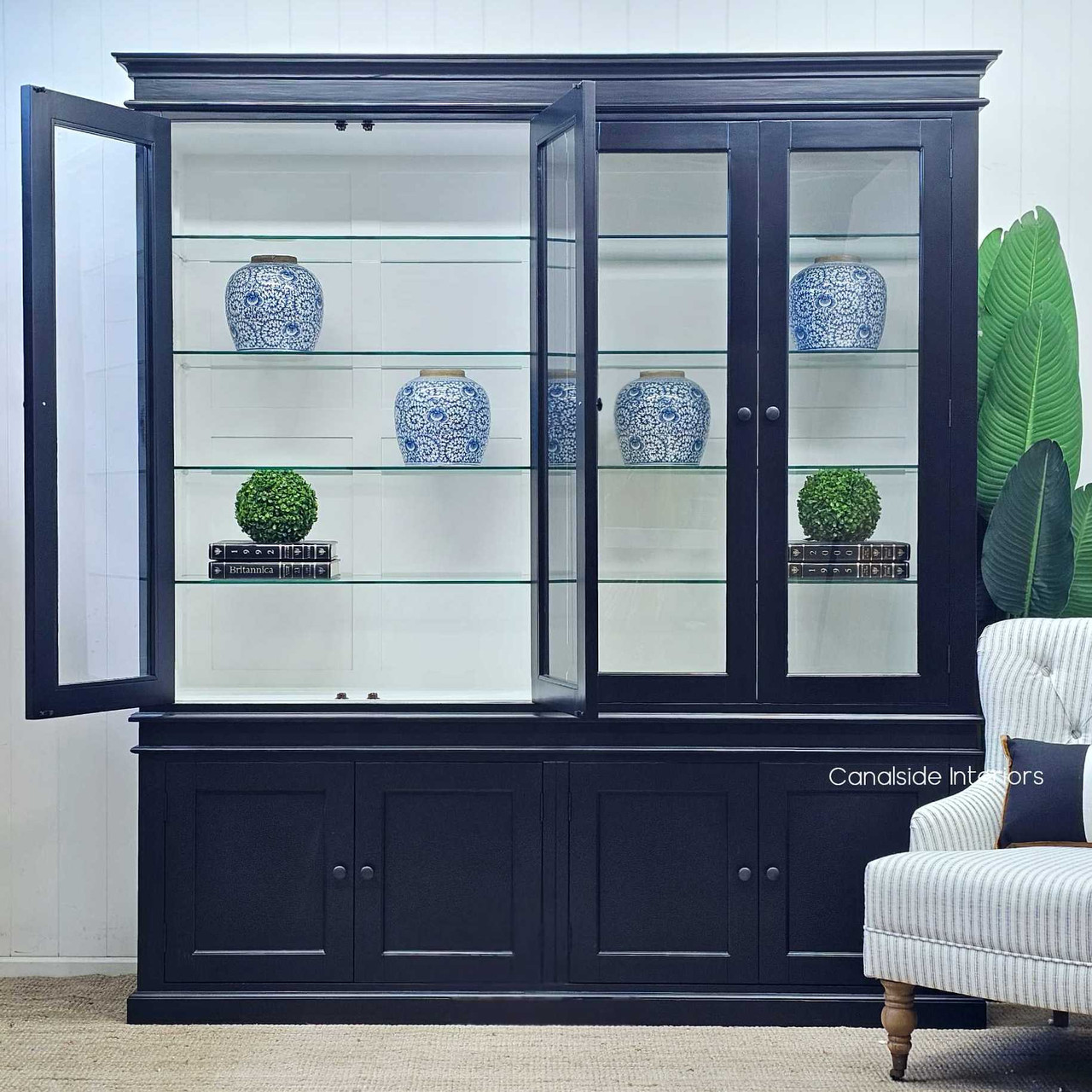 Front View with Open Doors: Presenting the Grange Wall Unit from the front with the glass doors open, showcasing the spacious interior and easy access.