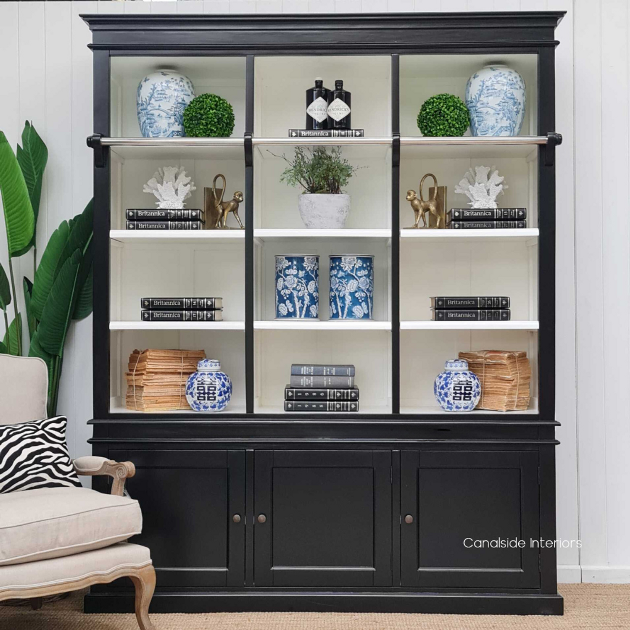 Elegant Grange 3 Door Wall Unit in classic black with a contrasting white interior, adding a Hamptons touch to your living room - Canalside Interiors
