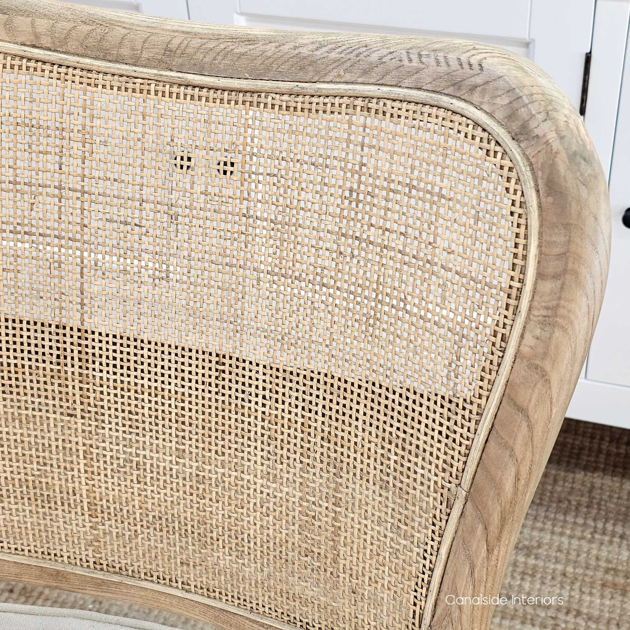 Noda Kitchen Island Bar Stool, Handcrafted Oak Frame with Woven Rattan Backrest, Close-Up