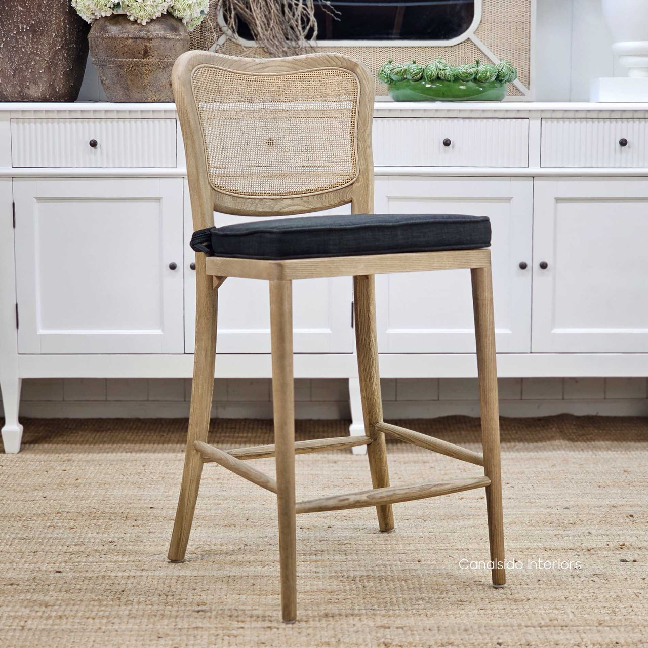 Solid Oak Noda Chair Featuring Handwoven Rattan, Angled View