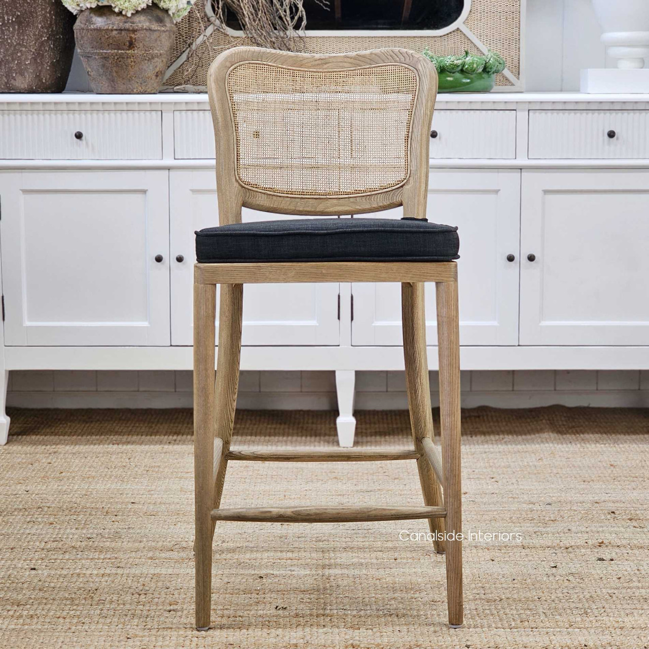 Noda Kitchen Island Stool in Solid Oak with Removable Cushion, Front View