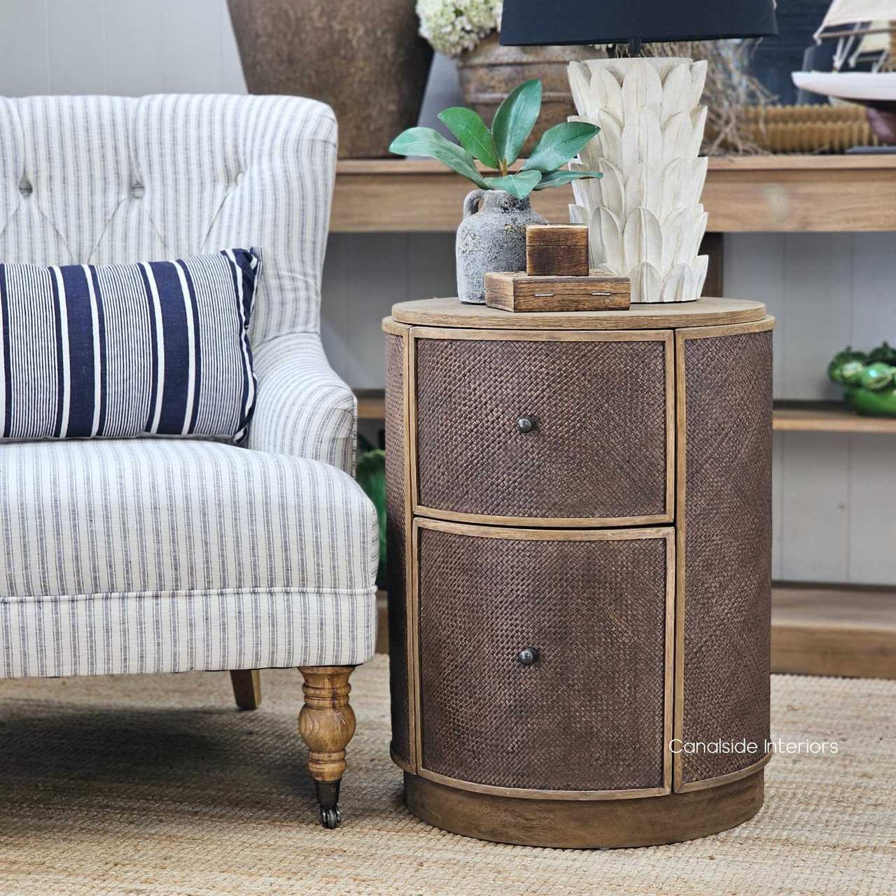 Minimalist setting featuring the Langston Rattan Side Table, highlighting its ability to complement modern, coastal, and Hamptons-style interiors.