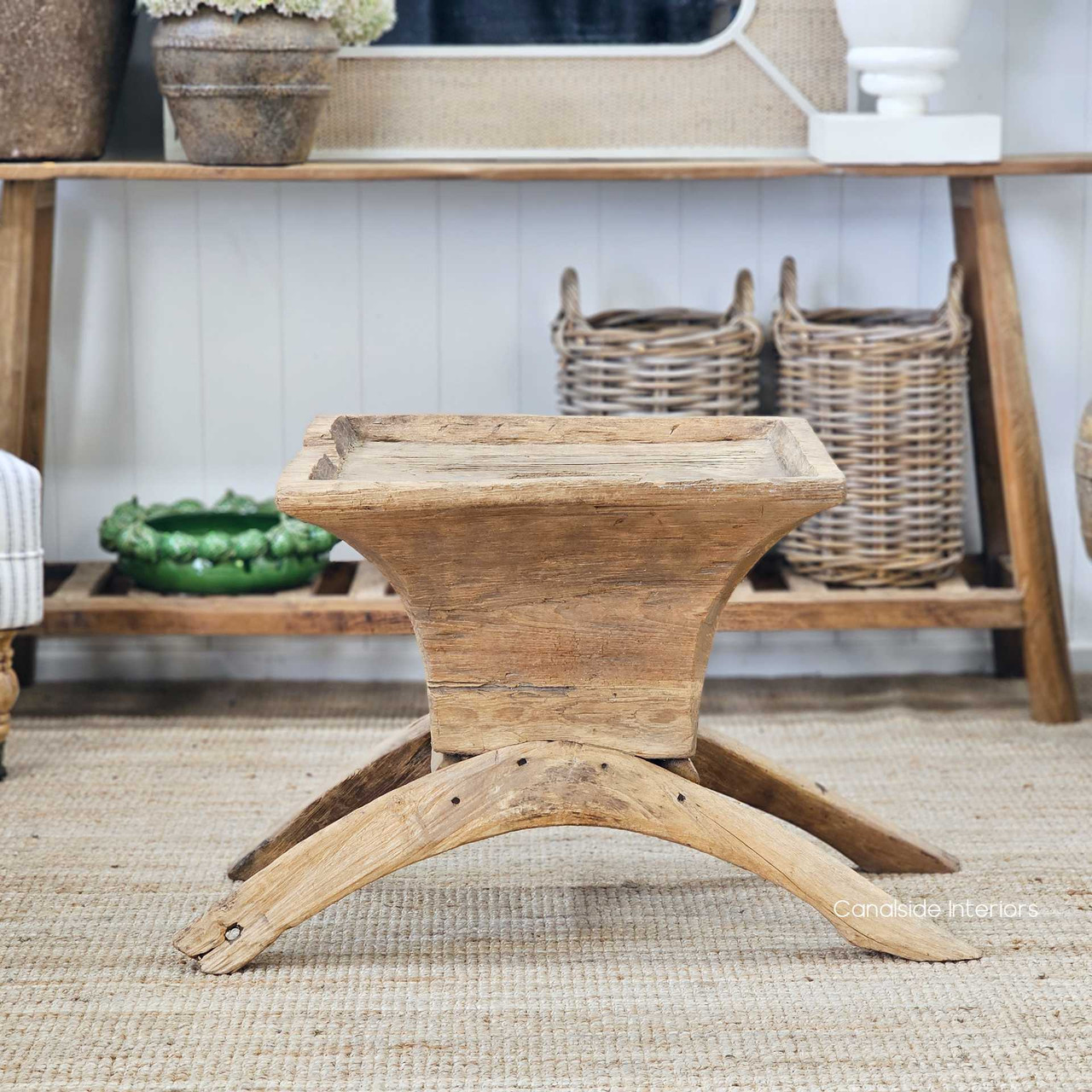 Rustic-styled living space with the Vintage Teak Lumpang Coffee Table, blending seamlessly with organic textures.