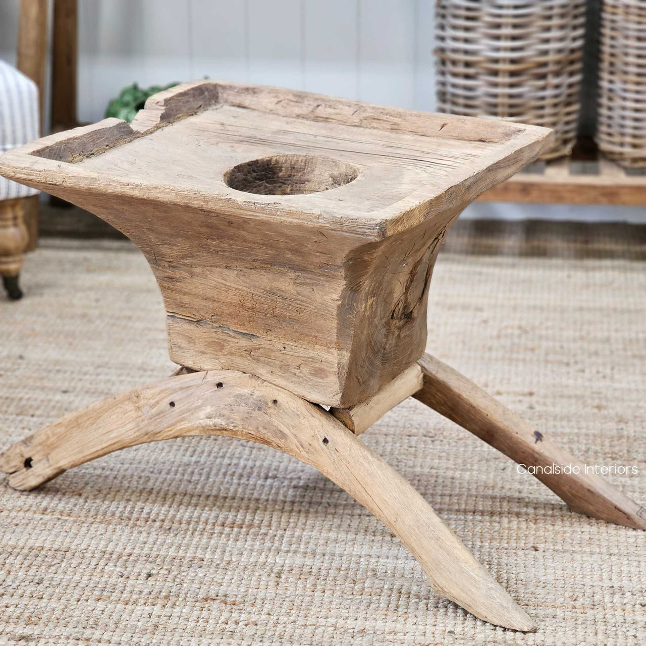 Close-up of the Vintage Teak Lumpang Coffee Table’s surface, capturing the weathered patina and aged teak texture.