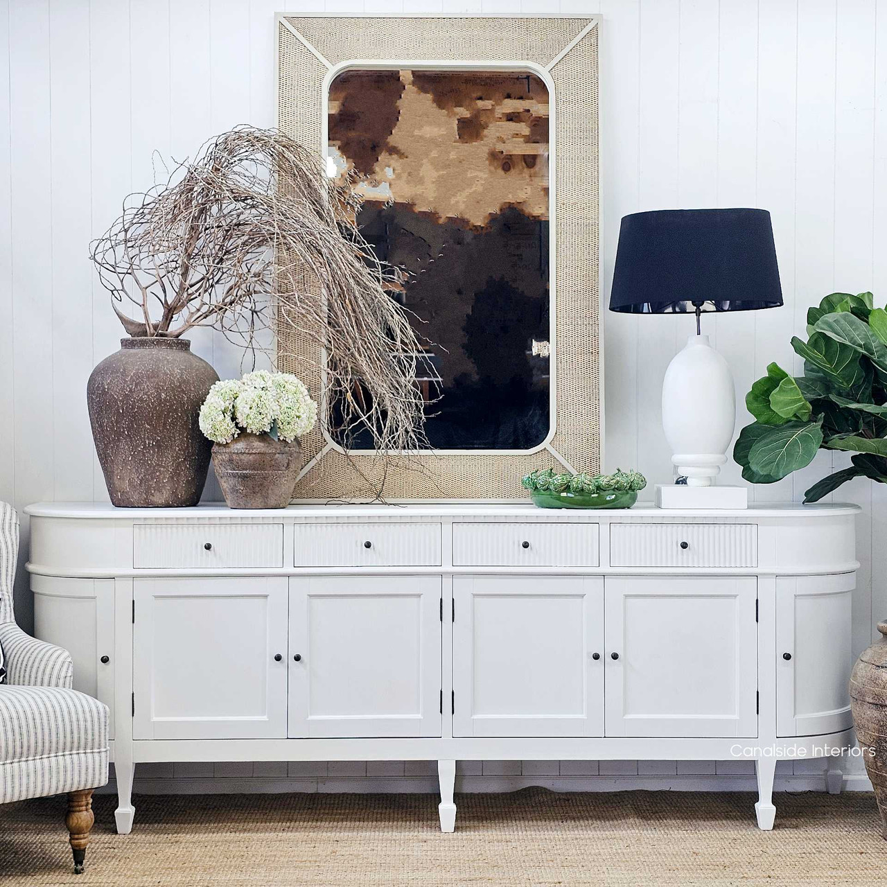 Front view of the Louis Curved 250cm Sideboard, showcasing its elegant curved design and ribbed fluting details.
