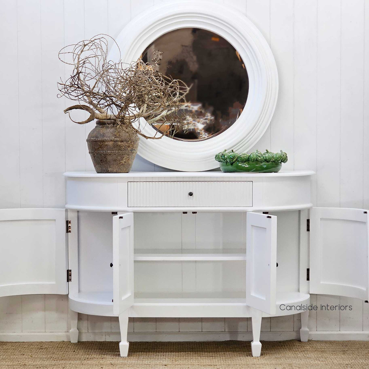 Close-up of the Louis Curved Sideboard’s interior shelving, displaying the well-structured compartments for organisation.