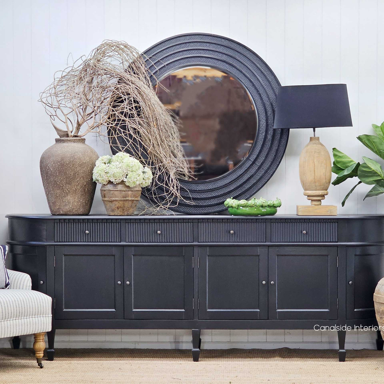 Front view of the Louis Curved 250cm Sideboard, showcasing its elegant curved design and ribbed fluting details.