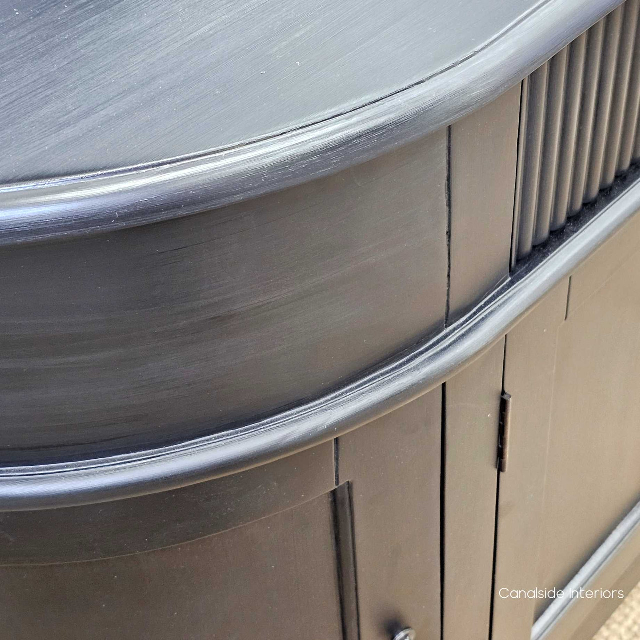 Close-up of the detailed distressing on the French Louis Buffet Grande, highlighting the craftsmanship and quality materials - Canalside Interiors.