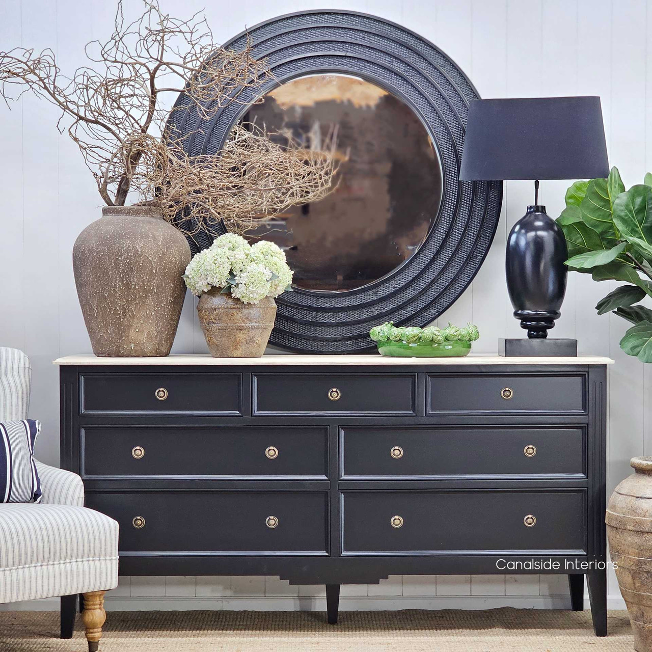 Front view of the Peninsula 7-Drawer Chest in black, showcasing its limewash top and timeless silhouette.