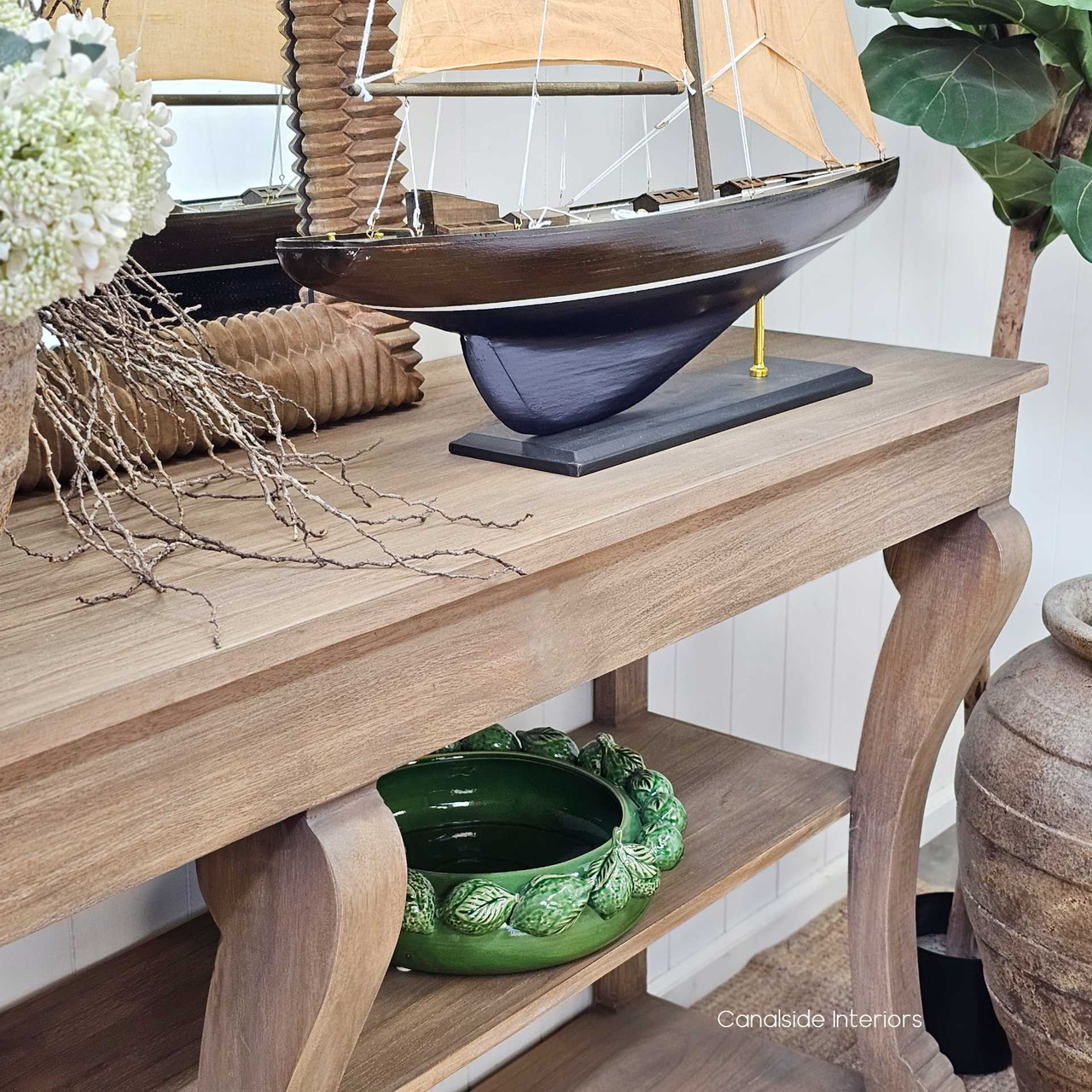 Top-down view of the console, capturing the texture and natural variation of the oak surface.