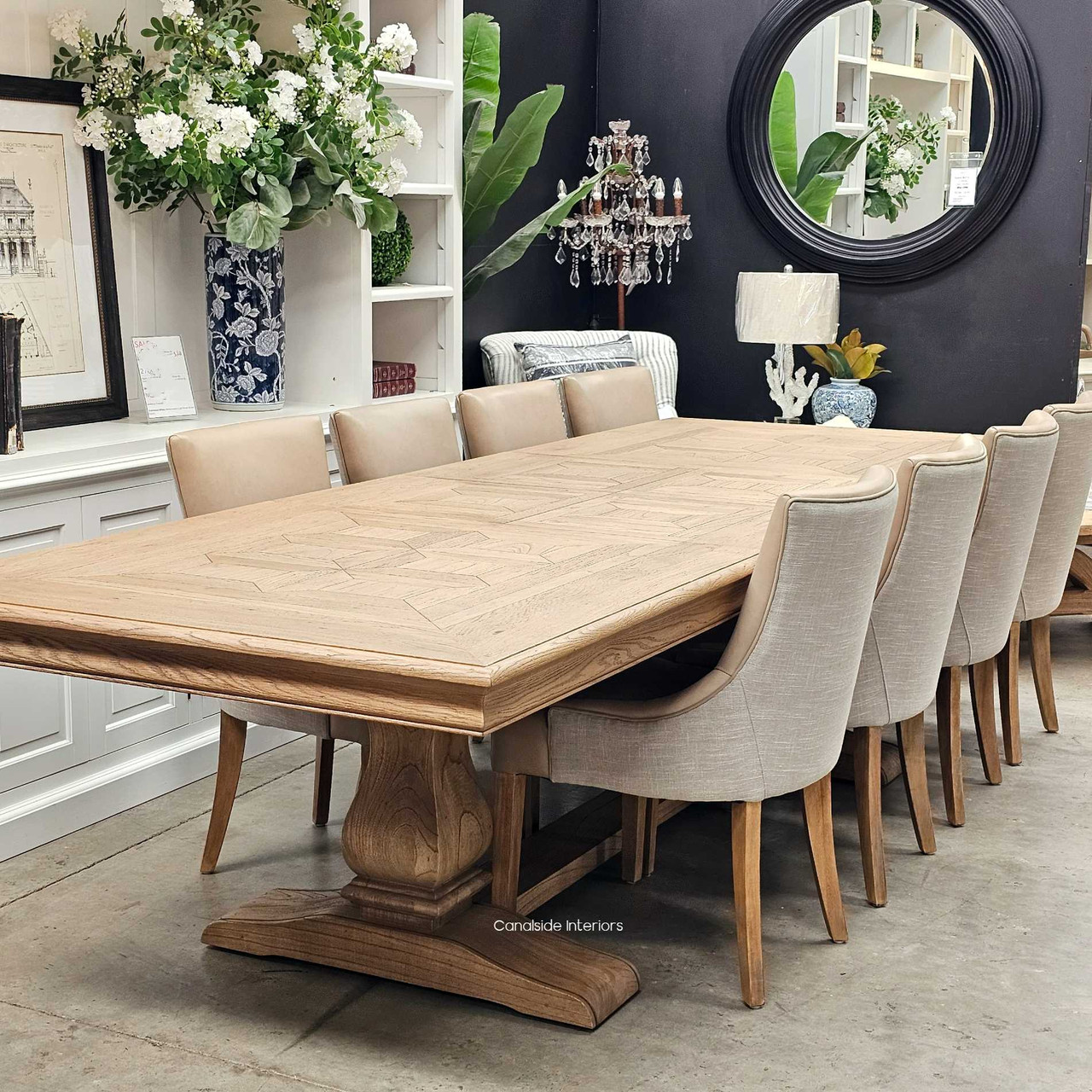 Angled view of the Chesterton table fully extended to 310cm – Displaying its grand scale and presence, ideal for entertaining large groups in style.