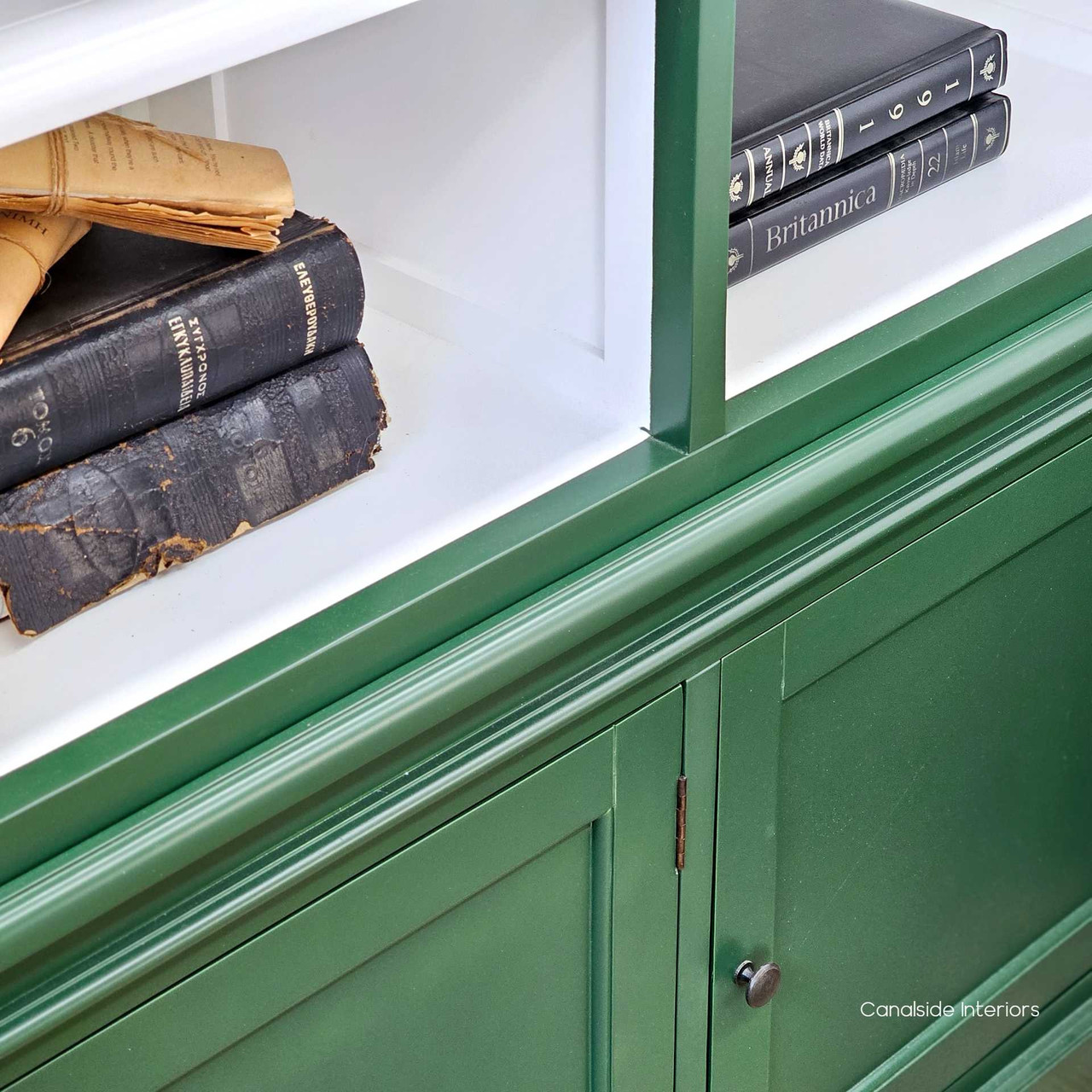 Detail shot of the Grange 3 Door Wall Unit, highlighting the contrast of racer green and white | Timeless Appeal