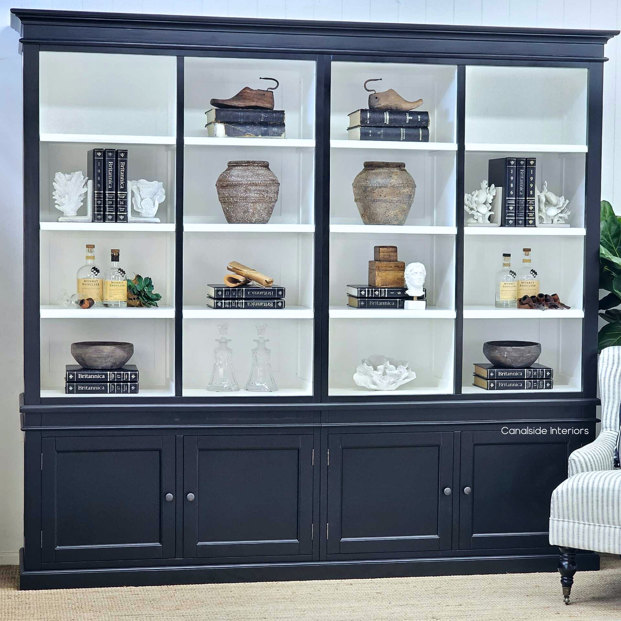 Grange Wall Unit styled in a Hamptons living room, highlighting the striking black-and-white contrast.
