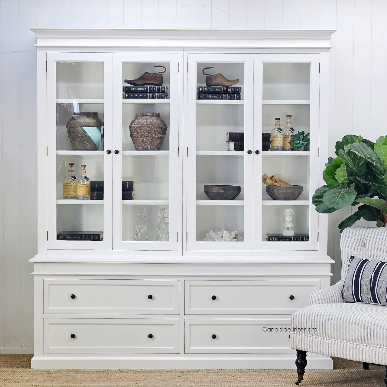 Front-facing view of the Grange Glass Door Display Wall Unit in white, showcasing its elegant symmetry and clean lines.