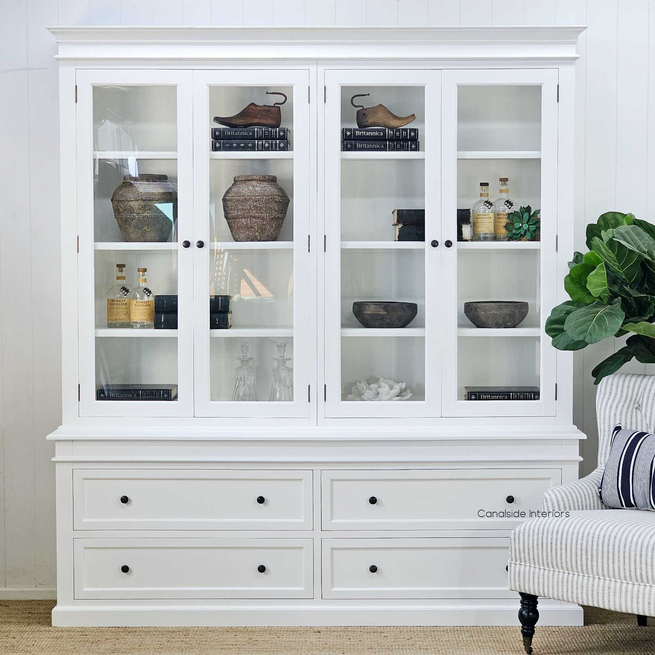 Full frontal image of the Grange Display Unit with all glass doors closed, highlighting the bright white finish.