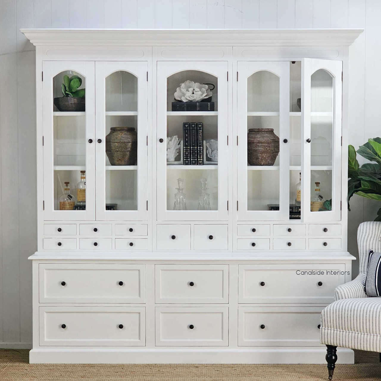 Front-facing view of the Key Largo 5 Door Display Wall Unit in white, showcasing its symmetrical design and timeless form with door ajar