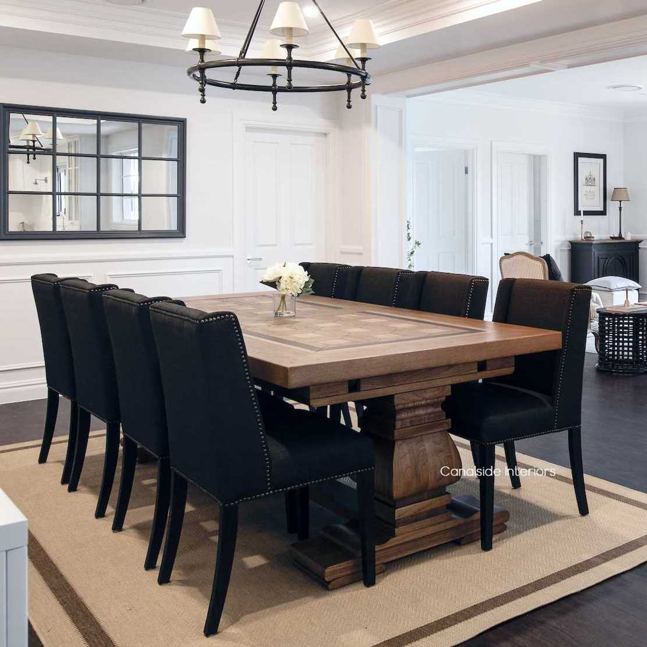 Elegant perspective of the Chambers Dining Table set for home entertaining, reflecting the Hamptons style with a modern twist