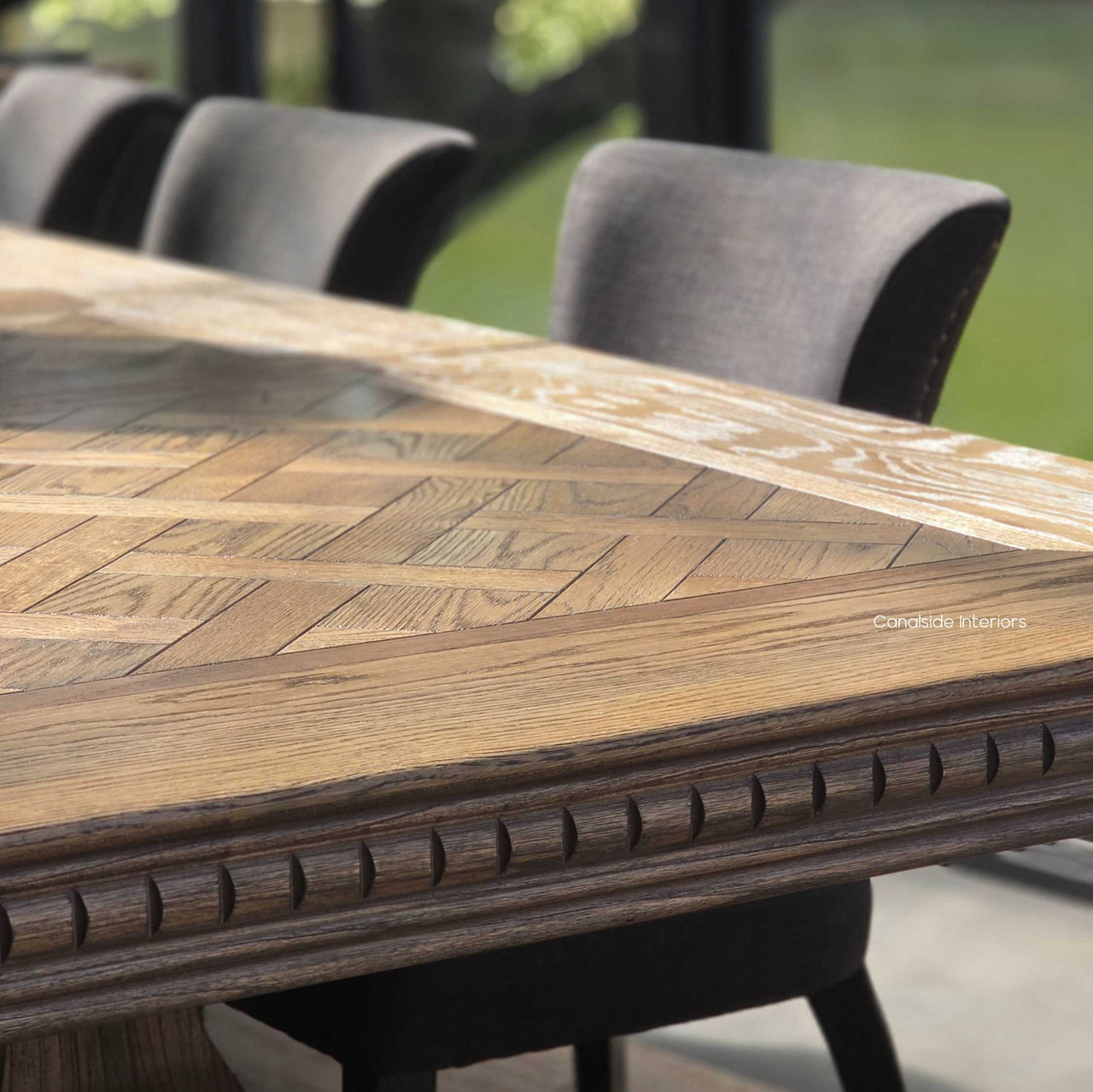 Close-up of the carved apron beads beneath the tabletop of the Berenson.